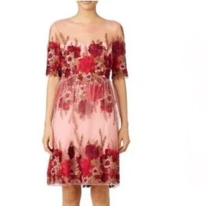 Marchesa Notte | Dresses | Marchesa Notte Pink Red Floral Embroidery Mesh  Tulle Knee Length Dress | Poshmark